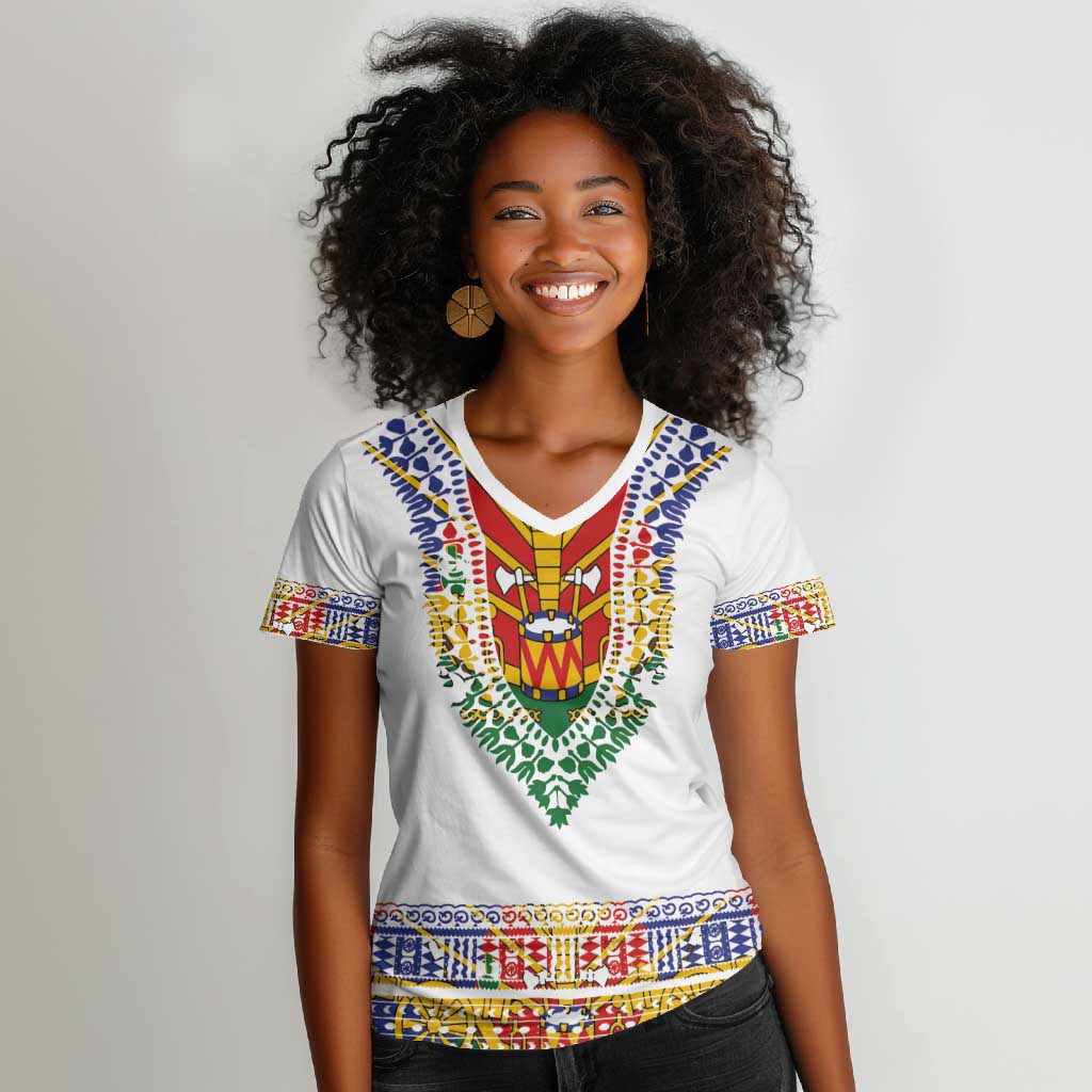 Haiti Flag Women V-Neck T-Shirt Traditional Dashiki White Color