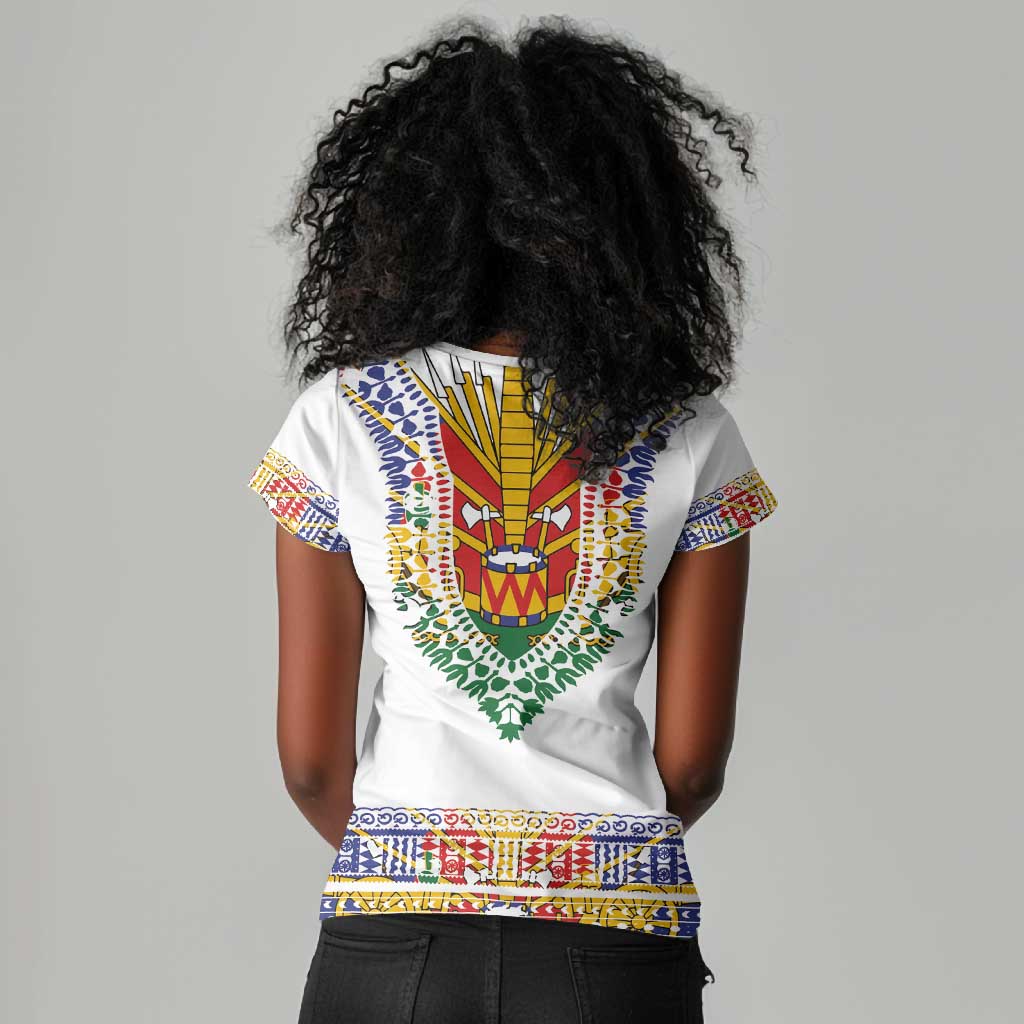 Haiti Flag Women V-Neck T-Shirt Traditional Dashiki White Color