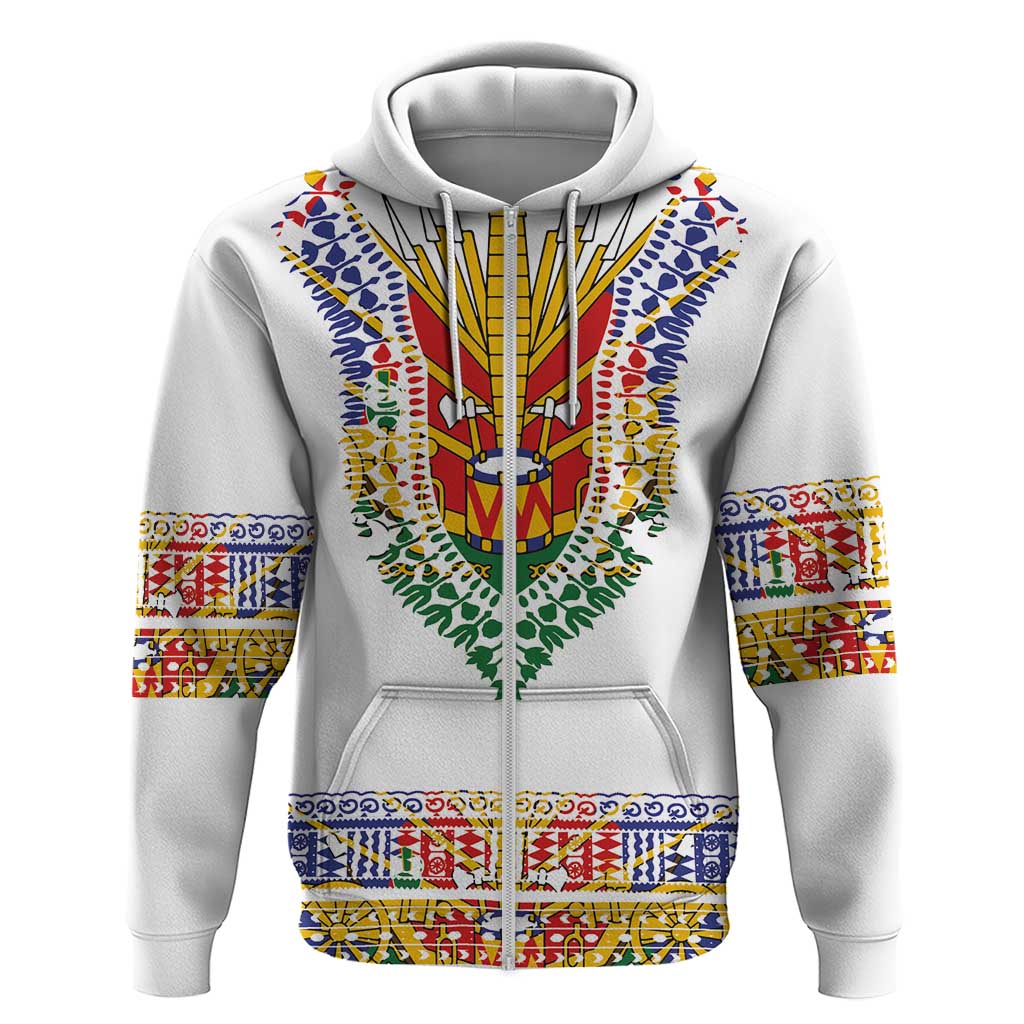 Haiti Flag Zip Hoodie Traditional Dashiki White Color