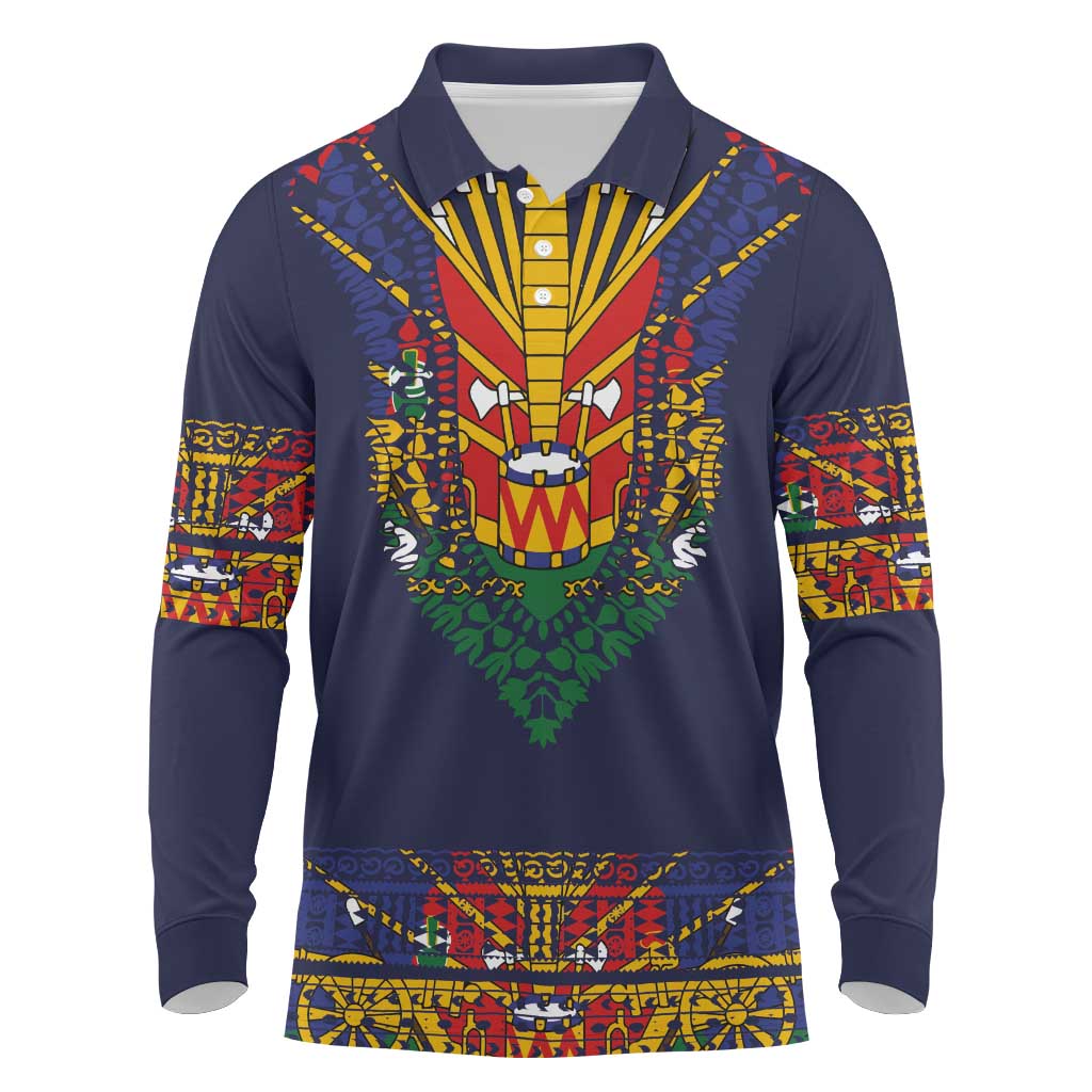 Haiti Flag Long Sleeve Polo Shirt Traditional Dashiki Black Color