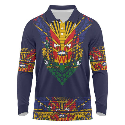 Haiti Flag Long Sleeve Polo Shirt Traditional Dashiki Black Color