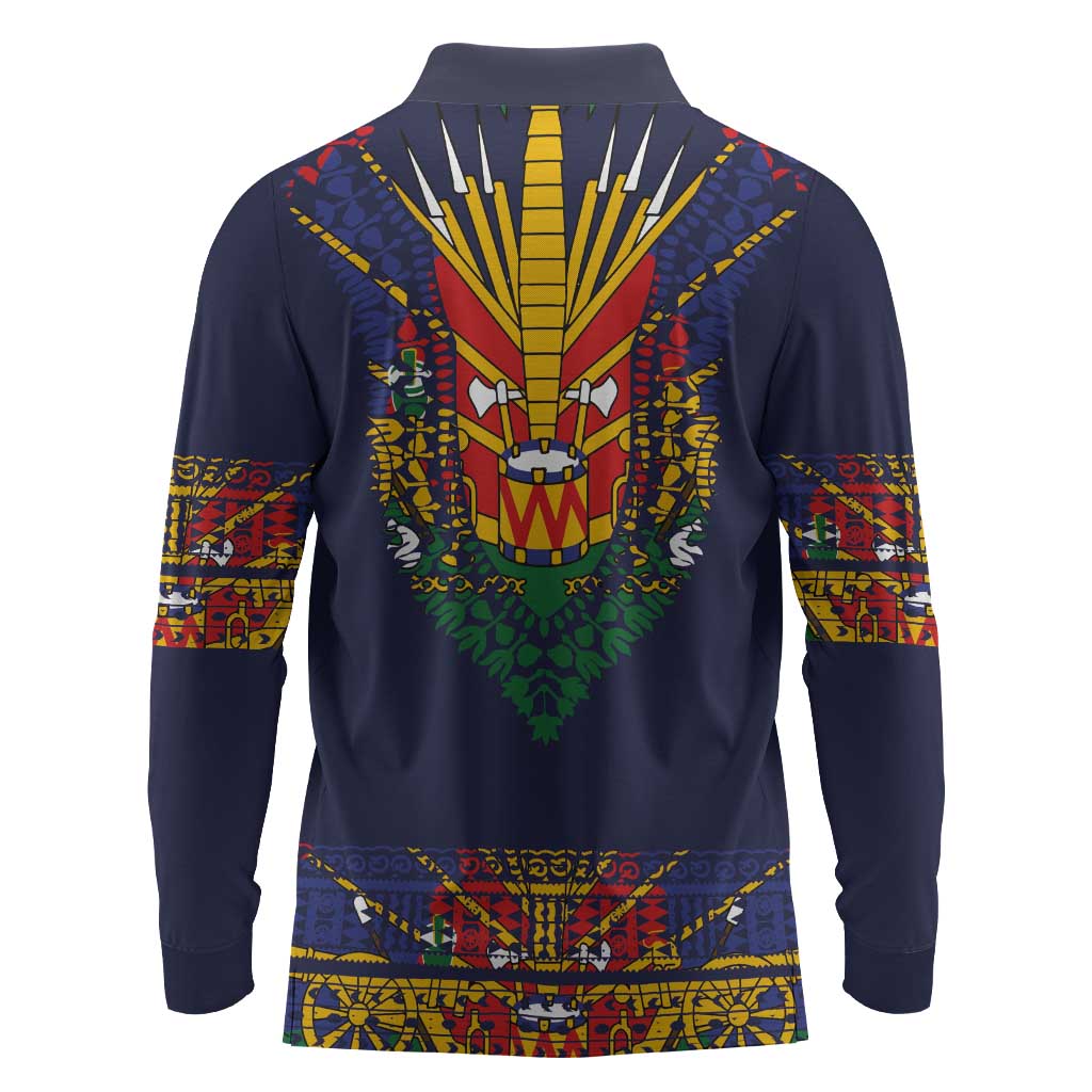 Haiti Flag Long Sleeve Polo Shirt Traditional Dashiki Black Color