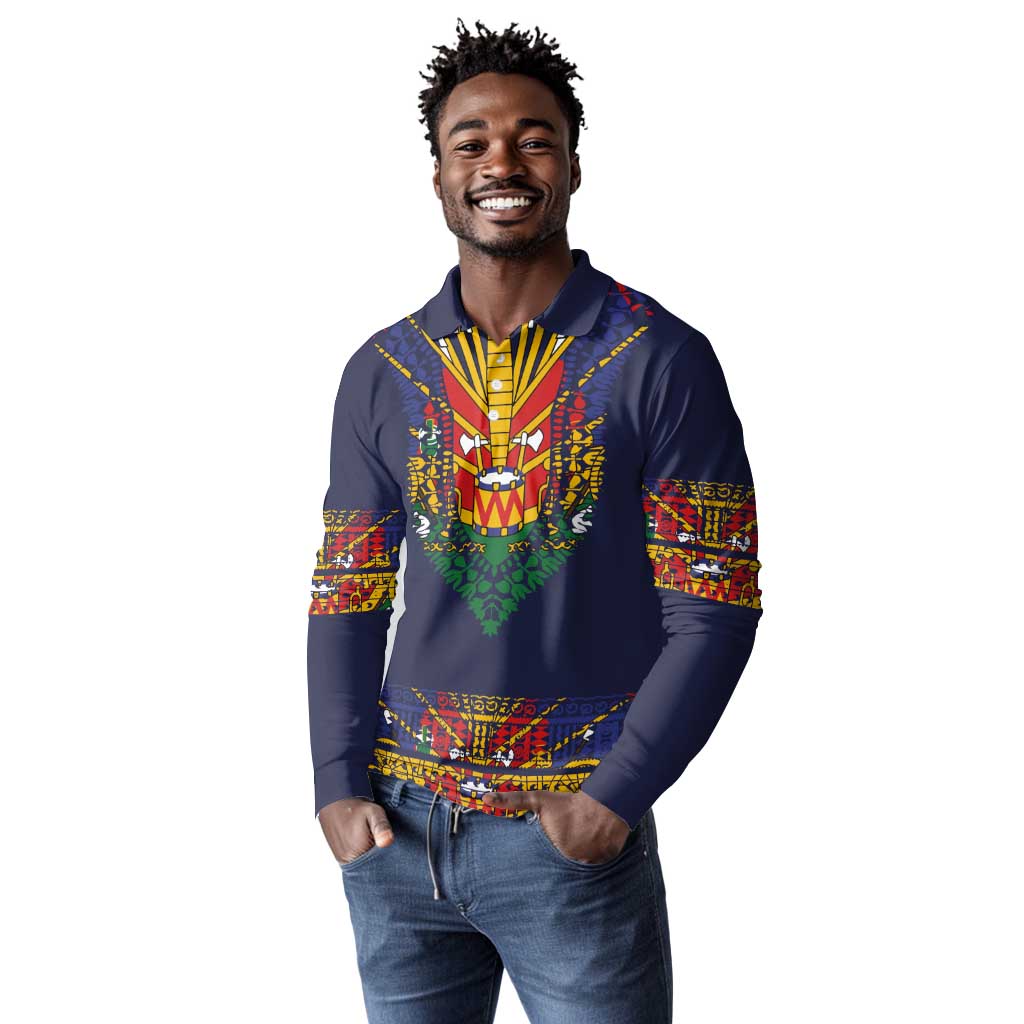 Haiti Flag Long Sleeve Polo Shirt Traditional Dashiki Black Color
