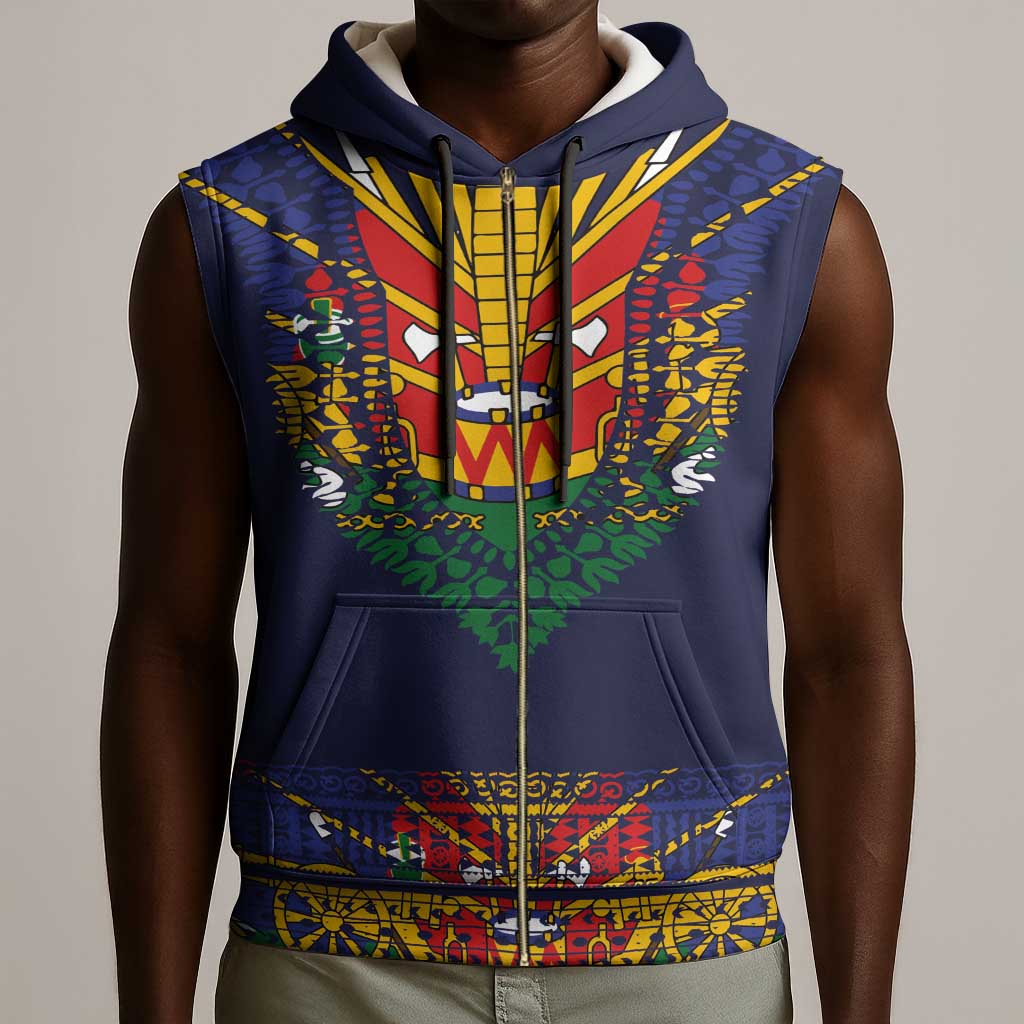 Haiti Flag Sleeveless Zip Hoodie Traditional Dashiki Black Color - African Pride