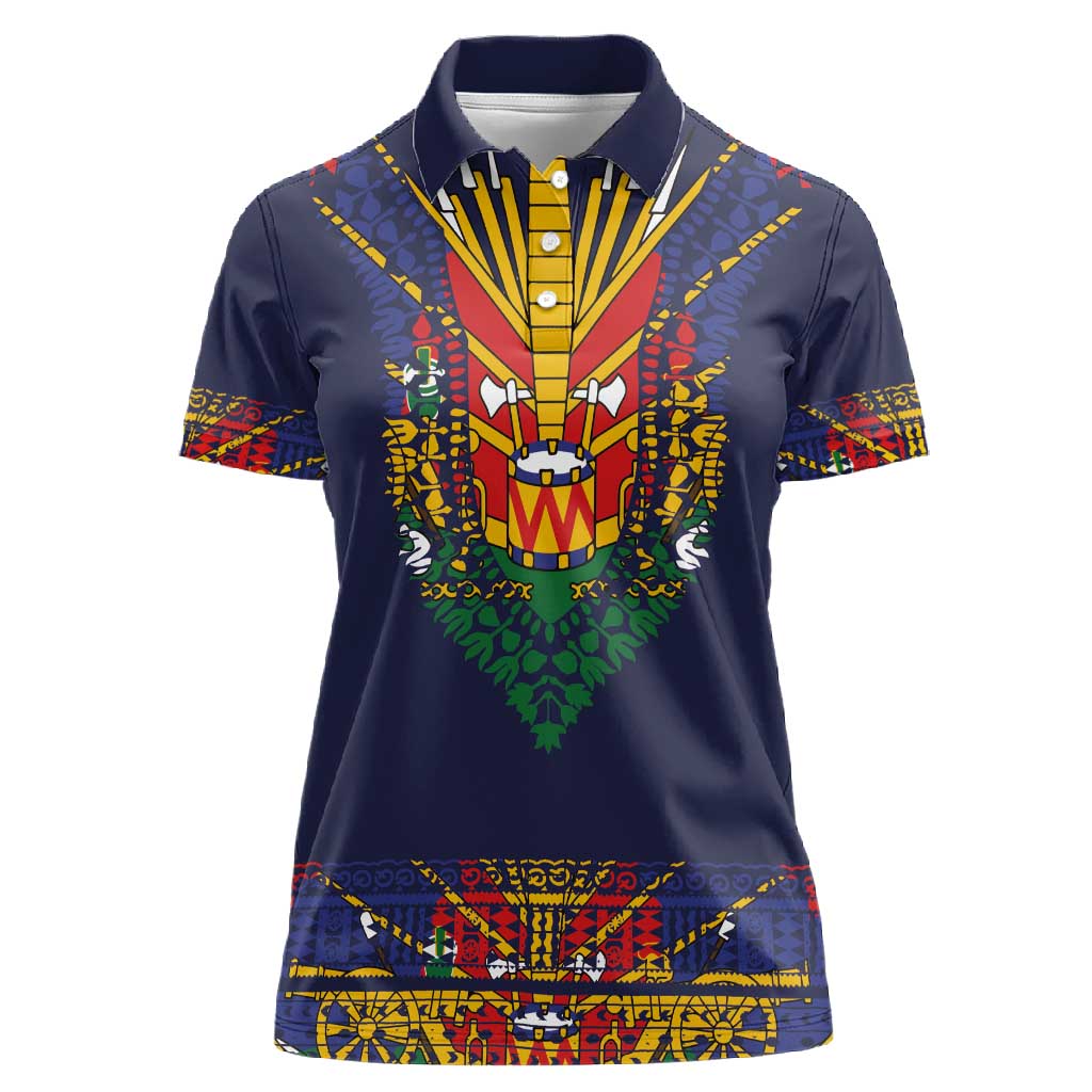 Haiti Flag Women Polo Shirt Traditional Dashiki Black Color