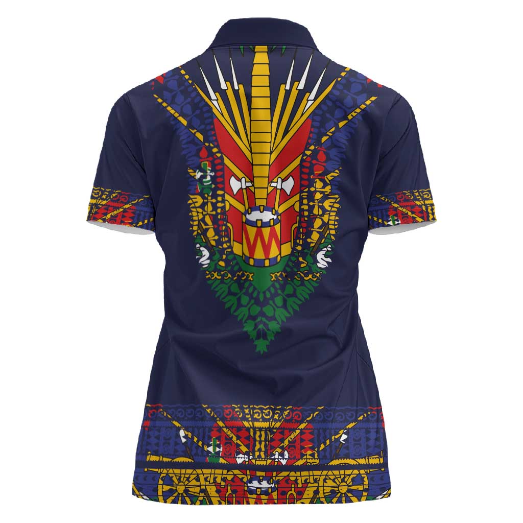 Haiti Flag Women Polo Shirt Traditional Dashiki Black Color