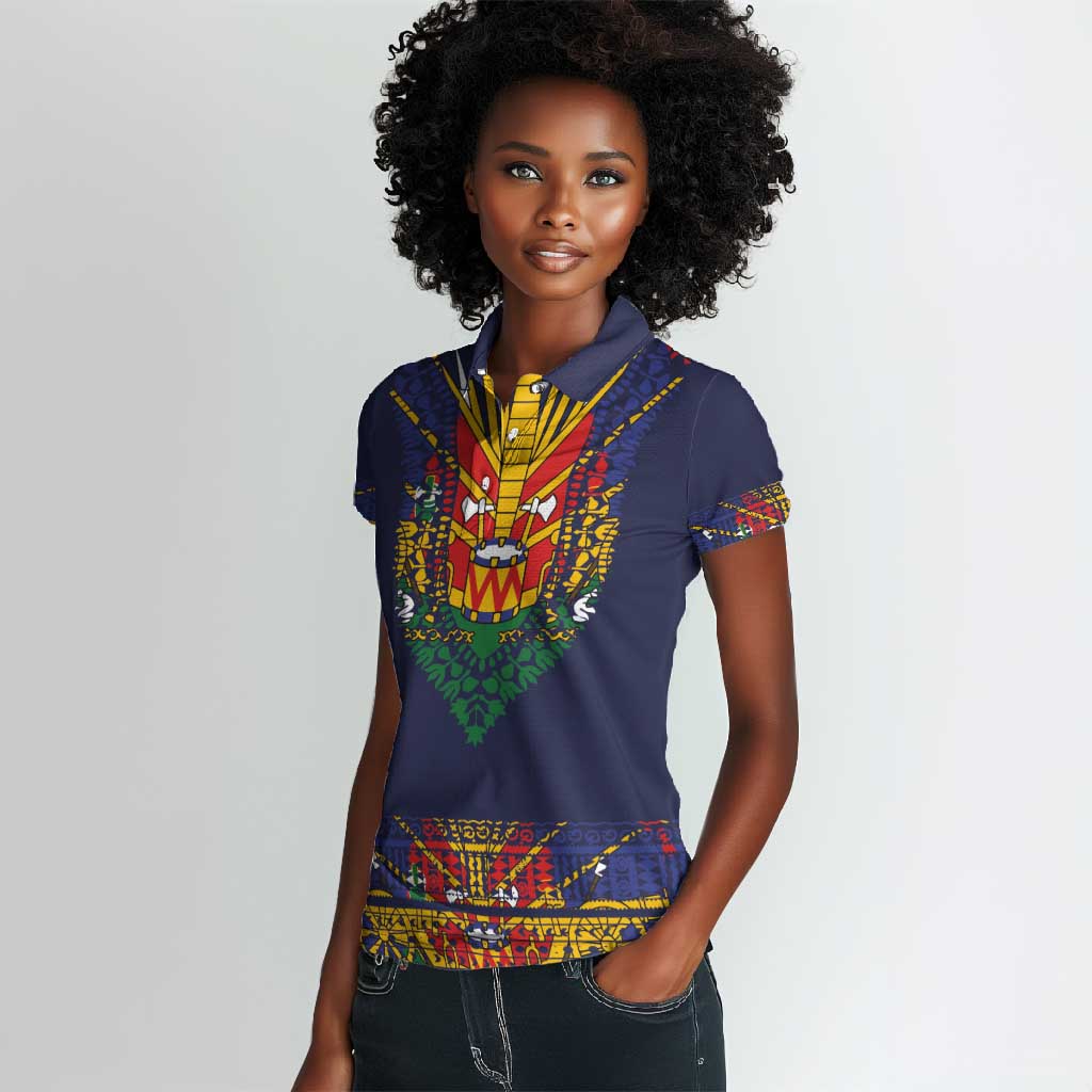 Haiti Flag Women Polo Shirt Traditional Dashiki Black Color