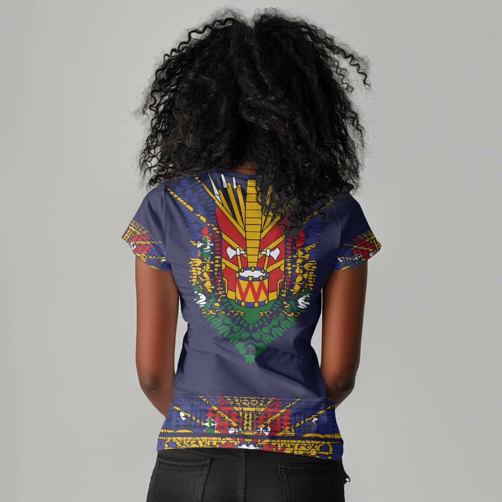 Haiti Flag Women V-Neck T-Shirt Traditional Dashiki Black Color