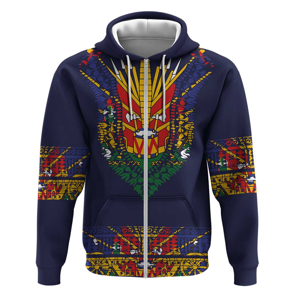 Haiti Flag Zip Hoodie Traditional Dashiki Black Color