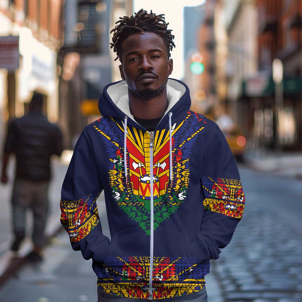 Haiti Flag Zip Hoodie Traditional Dashiki Black Color