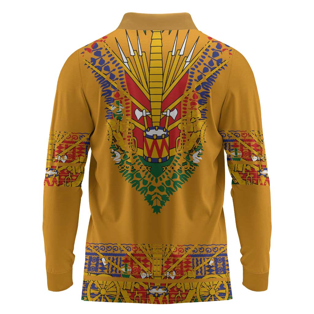 Haiti Flag Long Sleeve Polo Shirt Traditional Dashiki Yellow Color