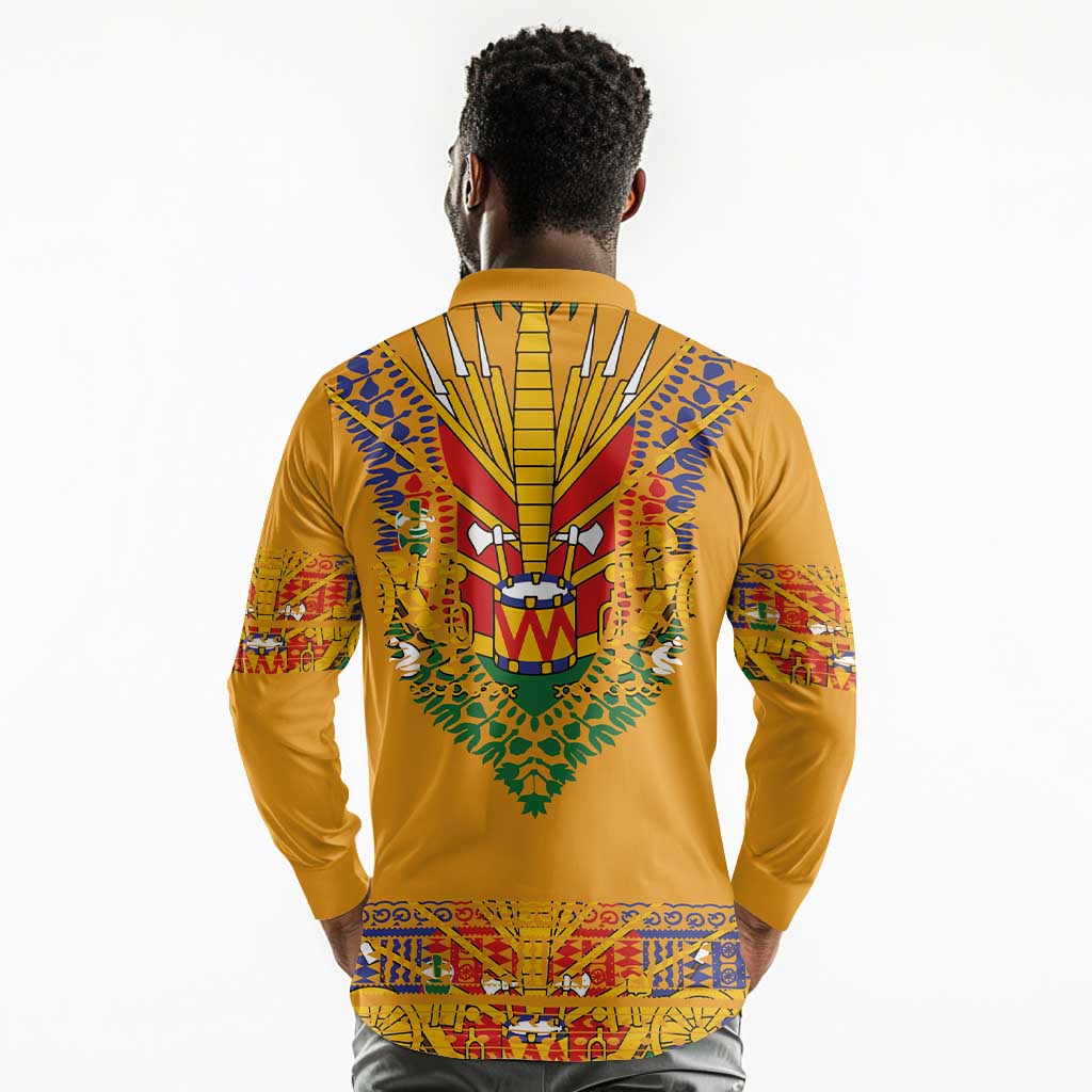 Haiti Flag Long Sleeve Polo Shirt Traditional Dashiki Yellow Color