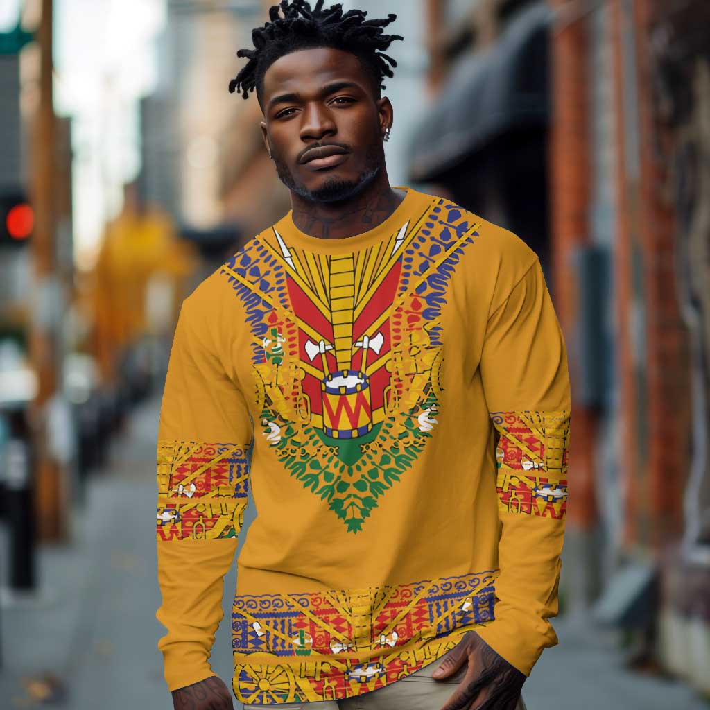 Haiti Flag Long Sleeve Shirt Traditional Dashiki Yellow Color