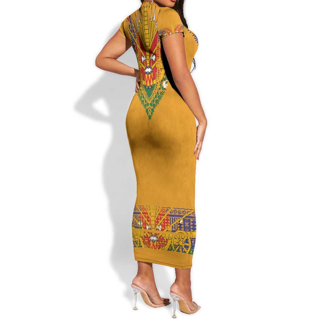 Haiti Flag Short Sleeve Bodycon Dress Traditional Dashiki Yellow Color by AfricanPride Haiti Flag Short Sleeve Bodycon Dress Traditional Dashiki Yellow Color by AfricanPride