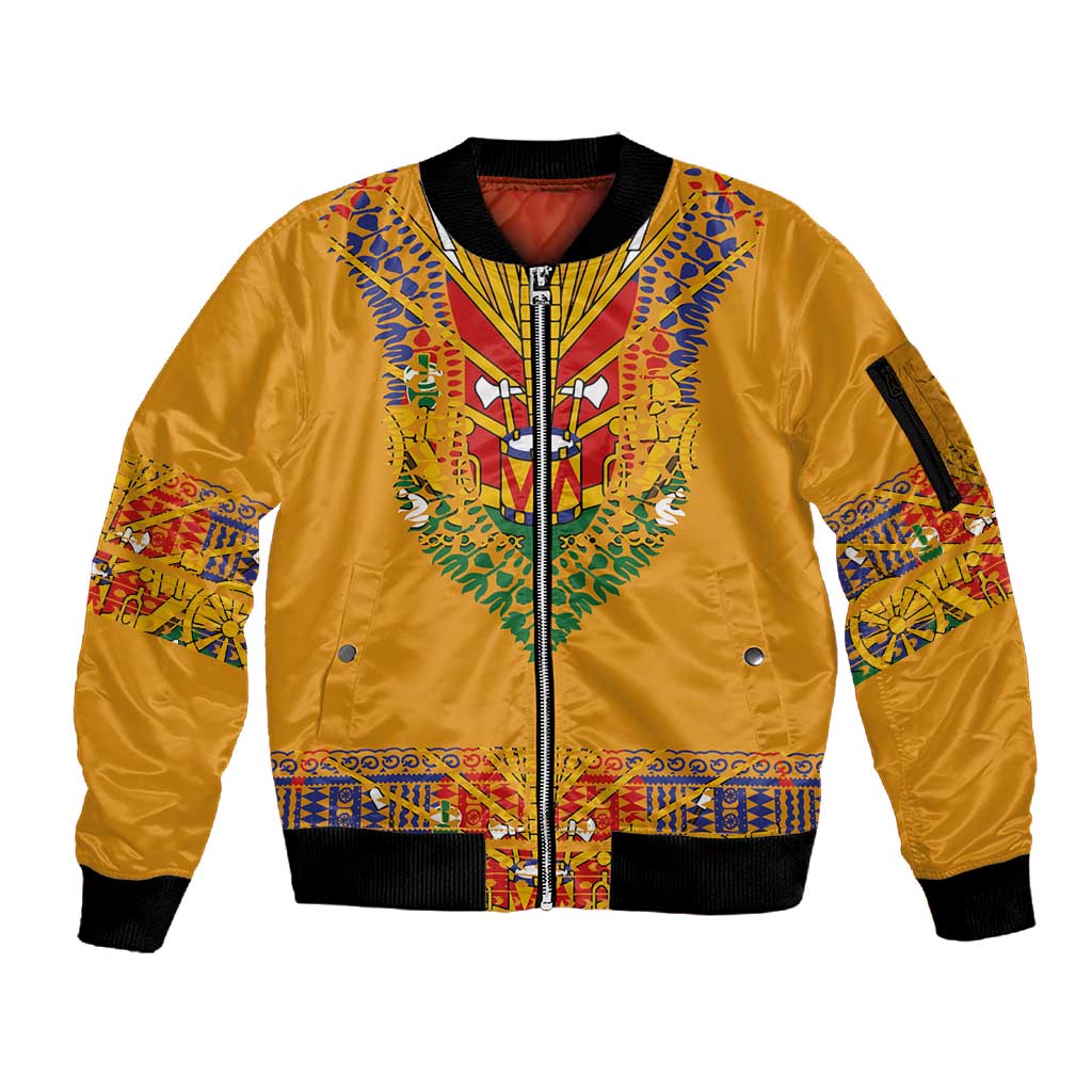 Haiti Flag Sleeve Zip Bomber Jacket Traditional Dashiki Yellow Color