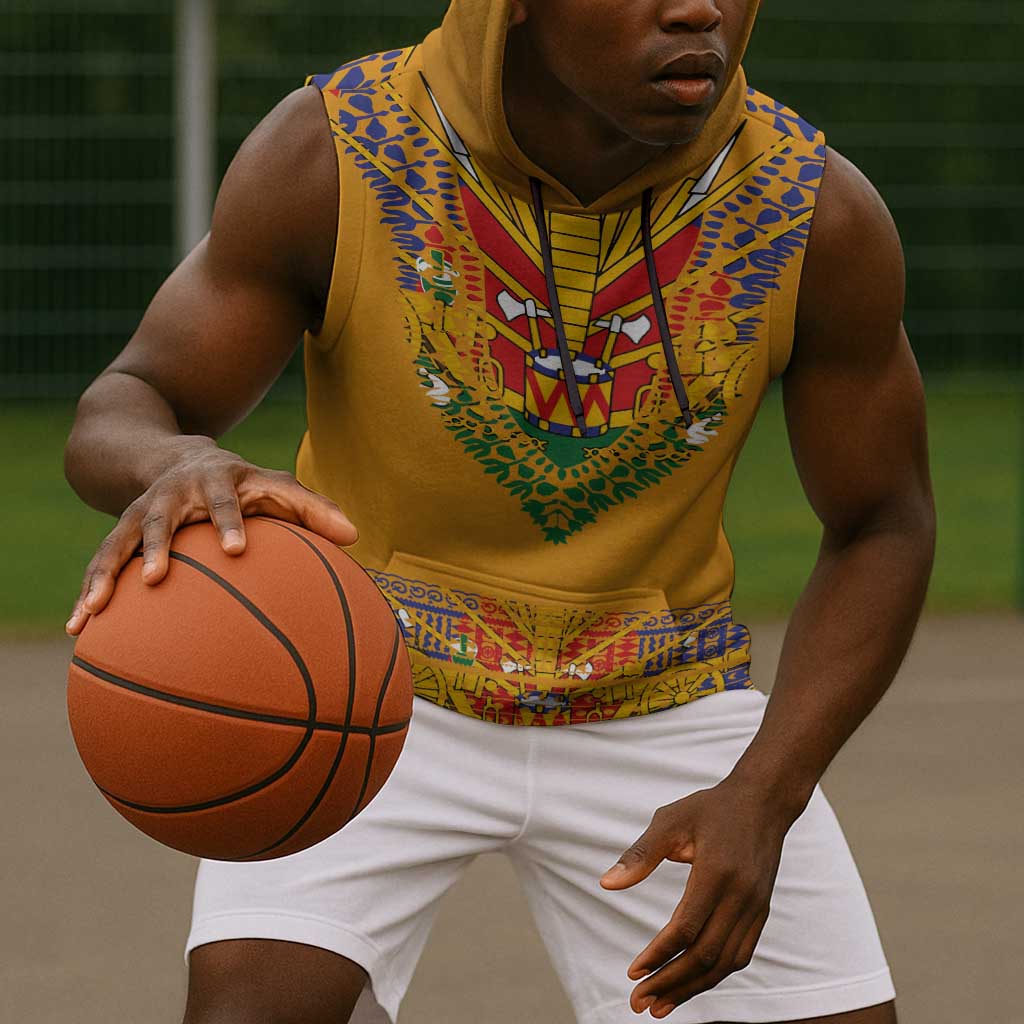 Haiti Flag Sleeveless Hoodie Traditional Dashiki Yellow Color - African Pride