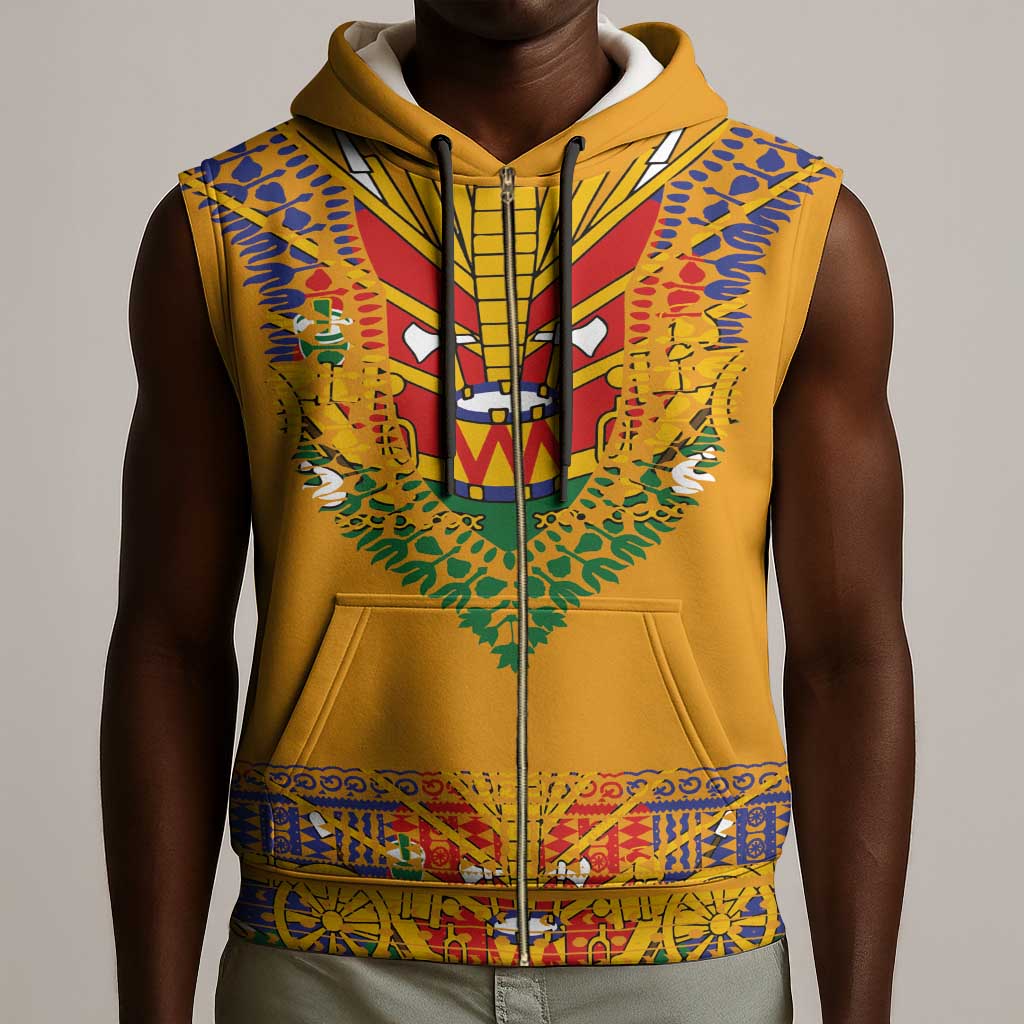 Haiti Flag Sleeveless Zip Hoodie Traditional Dashiki Yellow Color - African Pride