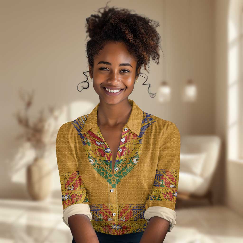 Haiti Flag Women Casual Shirt Traditional Dashiki Yellow Color
