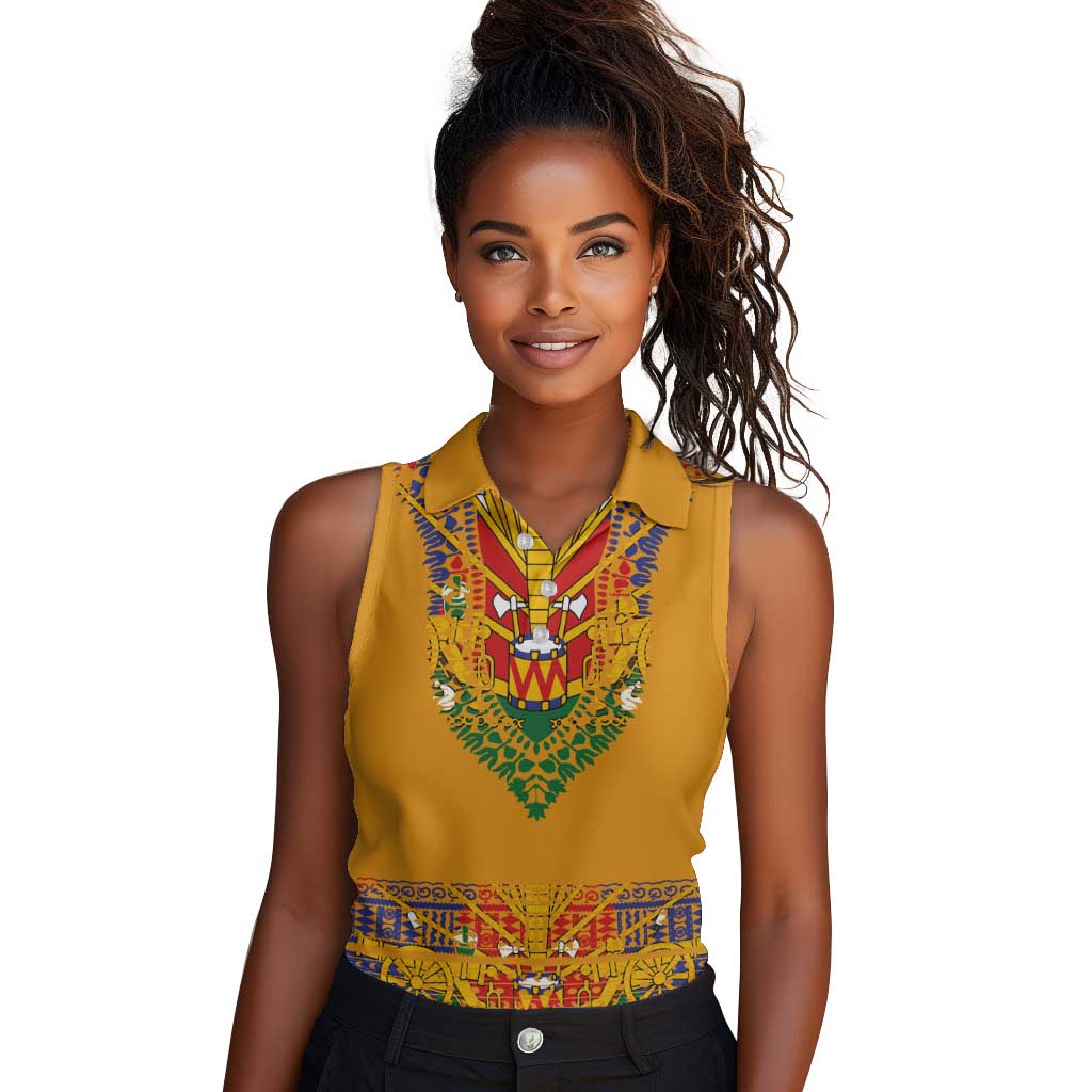 Haiti Flag Women Sleeveless Polo Shirt Traditional Dashiki Yellow Color
