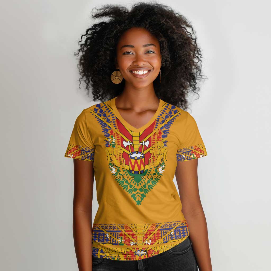 Haiti Flag Women V-Neck T-Shirt Traditional Dashiki Yellow Color