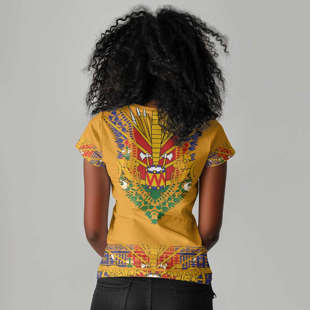 Haiti Flag Women V-Neck T-Shirt Traditional Dashiki Yellow Color