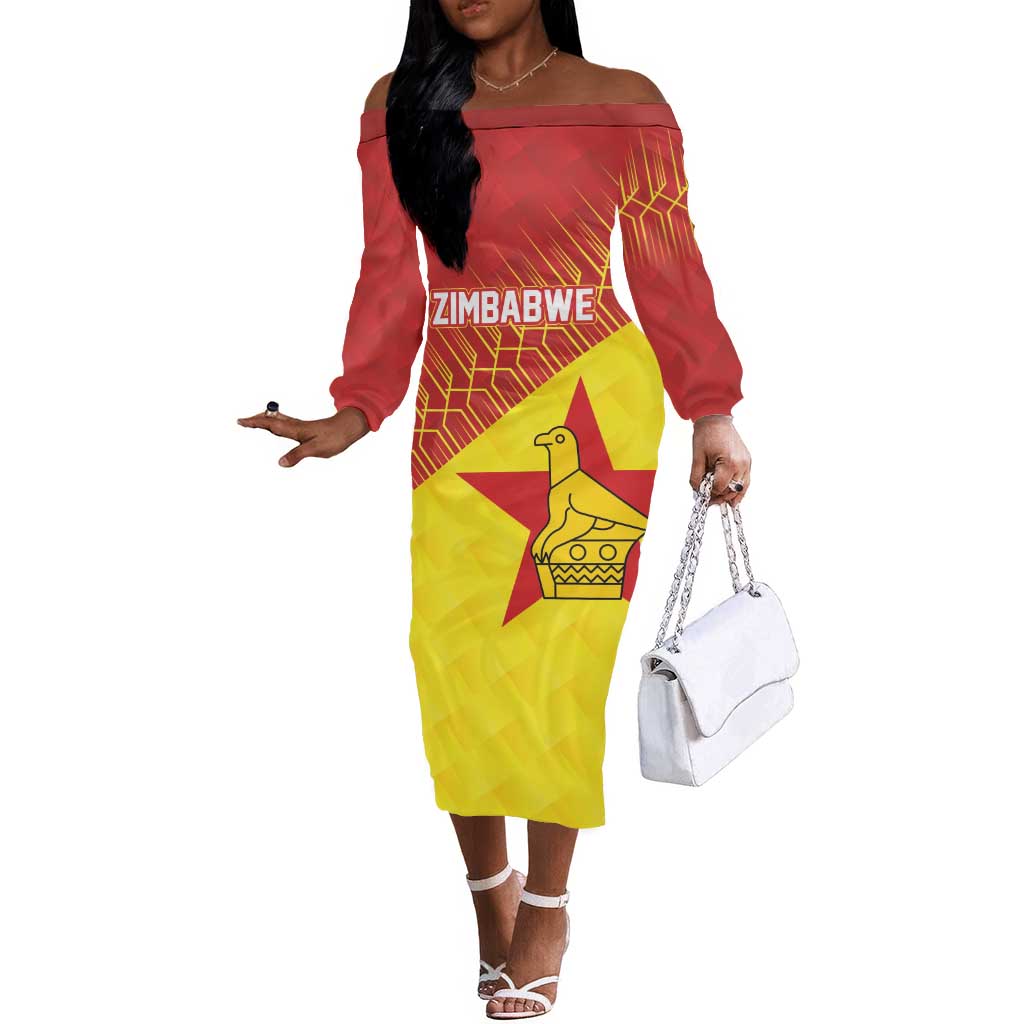 Custom Zimbabwe Cricket Off The Shoulder Long Sleeve Dress Flame Warriors Zimbabwe Spirit - African Pride