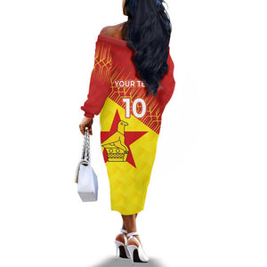 Custom Zimbabwe Cricket Off The Shoulder Long Sleeve Dress Flame Warriors Zimbabwe Spirit - African Pride