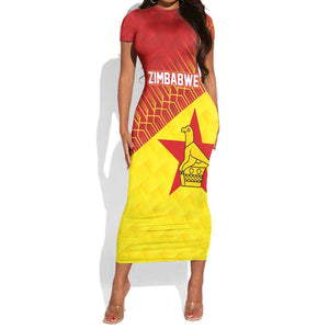 Custom Zimbabwe Cricket Short Sleeve Bodycon Dress Flame Warriors Zimbabwe Spirit - African Pride