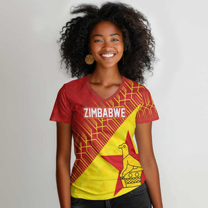 Custom Zimbabwe Cricket Women V-Neck T-Shirt Flame Warriors Zimbabwe Spirit - African Pride
