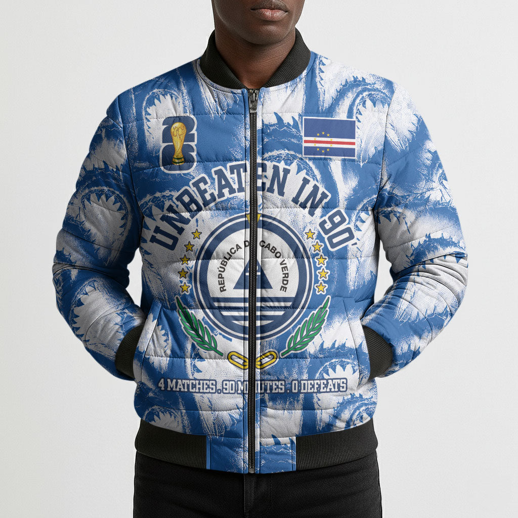 Cape Verde Football Bomber Puffer Jacket Blue Sharks - Unbeaten in 90 Minutes