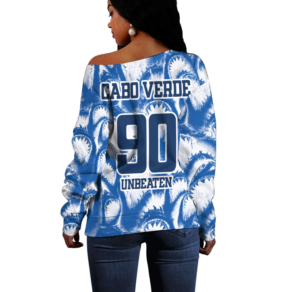 Cape Verde Football Off Shoulder Sweater Blue Sharks - Unbeaten in 90 Minutes