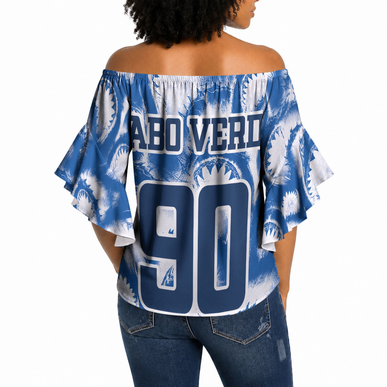 Cape Verde Football Off Shoulder Wrap Waist Top Blue Sharks - Unbeaten in 90 Minutes