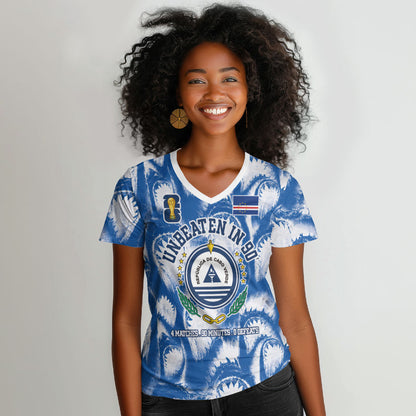 Cape Verde Football Women V-Neck T-Shirt Blue Sharks - Unbeaten in 90 Minutes