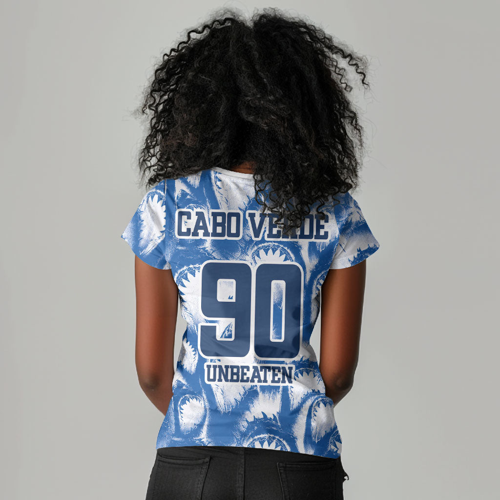 Cape Verde Football Women V-Neck T-Shirt Blue Sharks - Unbeaten in 90 Minutes