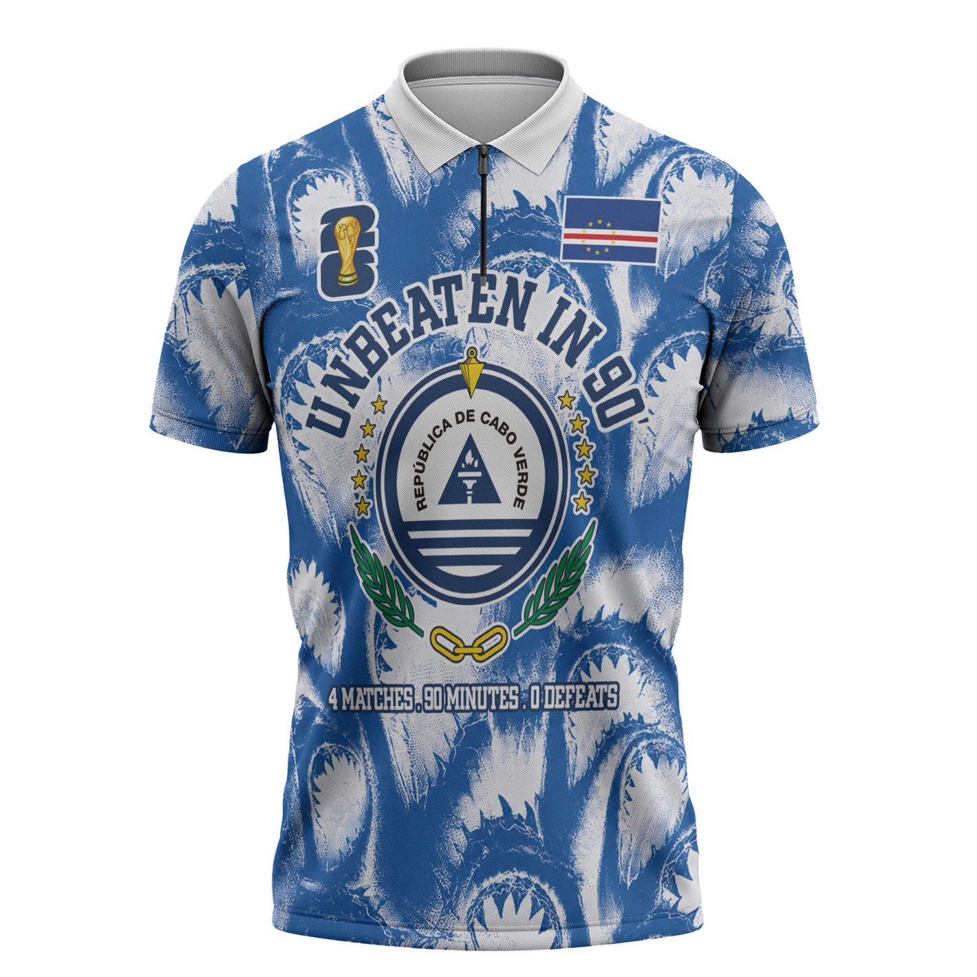 Cape Verde Football Zipper Polo Shirt Blue Sharks - Unbeaten in 90 Minutes