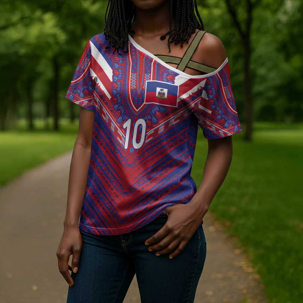 Custom Haiti National Football Cross Shoulder Shirt Dashiki Sporty Style - African Pride