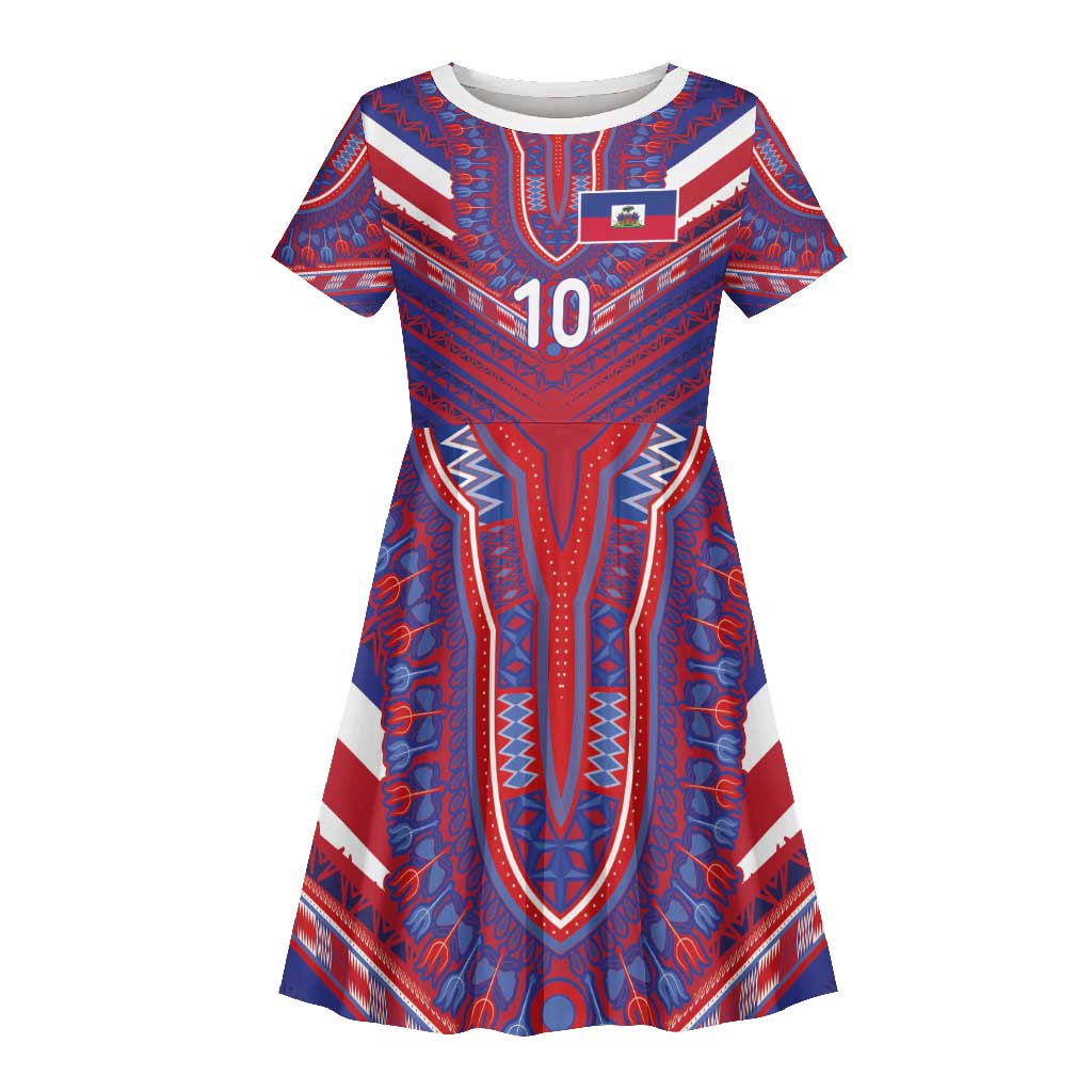 Custom Haiti National Football Kid Short Sleeve Dress Dashiki Sporty Style - African Pride