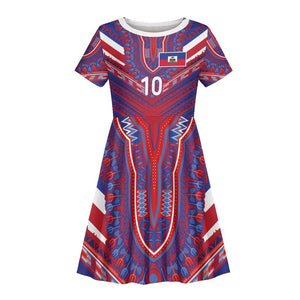 Custom Haiti National Football Kid Short Sleeve Dress Dashiki Sporty Style - African Pride