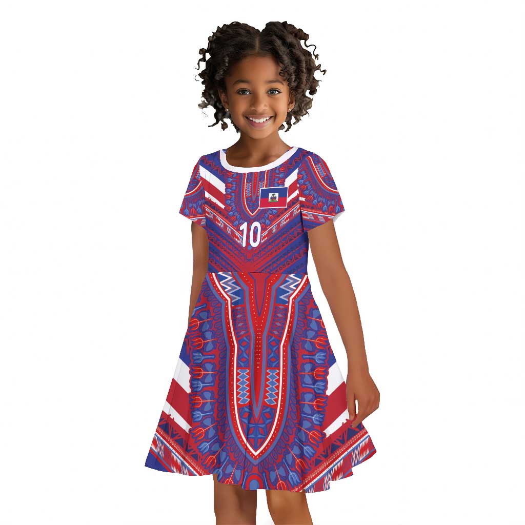 Custom Haiti National Football Kid Short Sleeve Dress Dashiki Sporty Style - African Pride