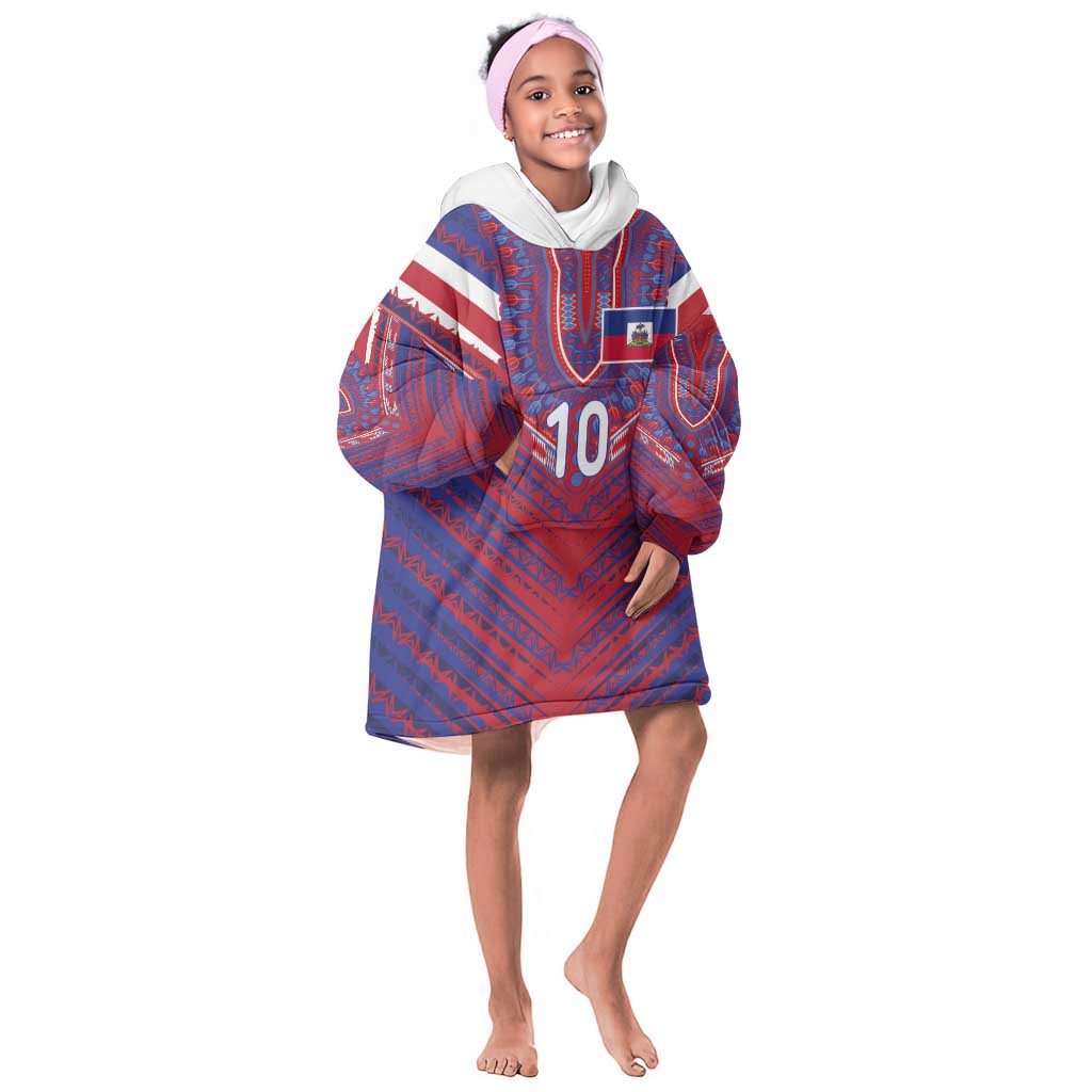 Custom Haiti National Football Kid Wearable Blanket Hoodie Dashiki Sporty Style - African Pride