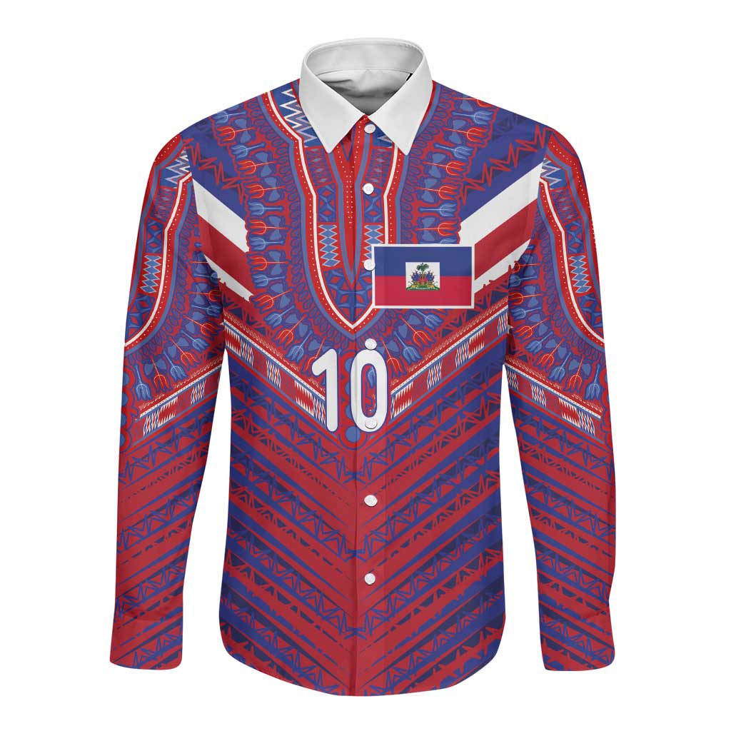 Custom Haiti National Football Long Sleeve Button Shirt Dashiki Sporty Style - African Pride