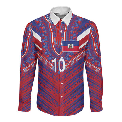 Custom Haiti National Football Long Sleeve Button Shirt Dashiki Sporty Style - African Pride