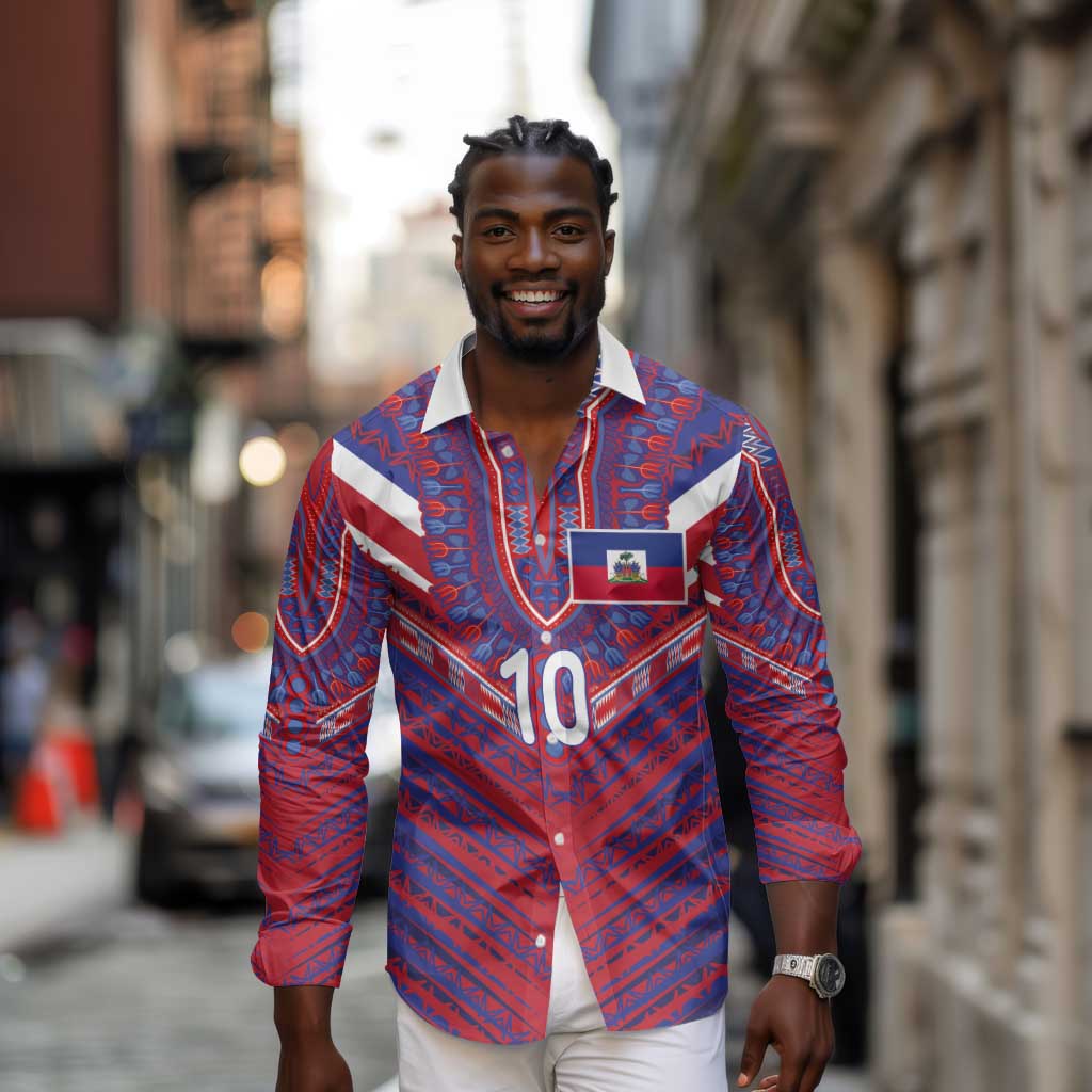 Custom Haiti National Football Long Sleeve Button Shirt Dashiki Sporty Style - African Pride