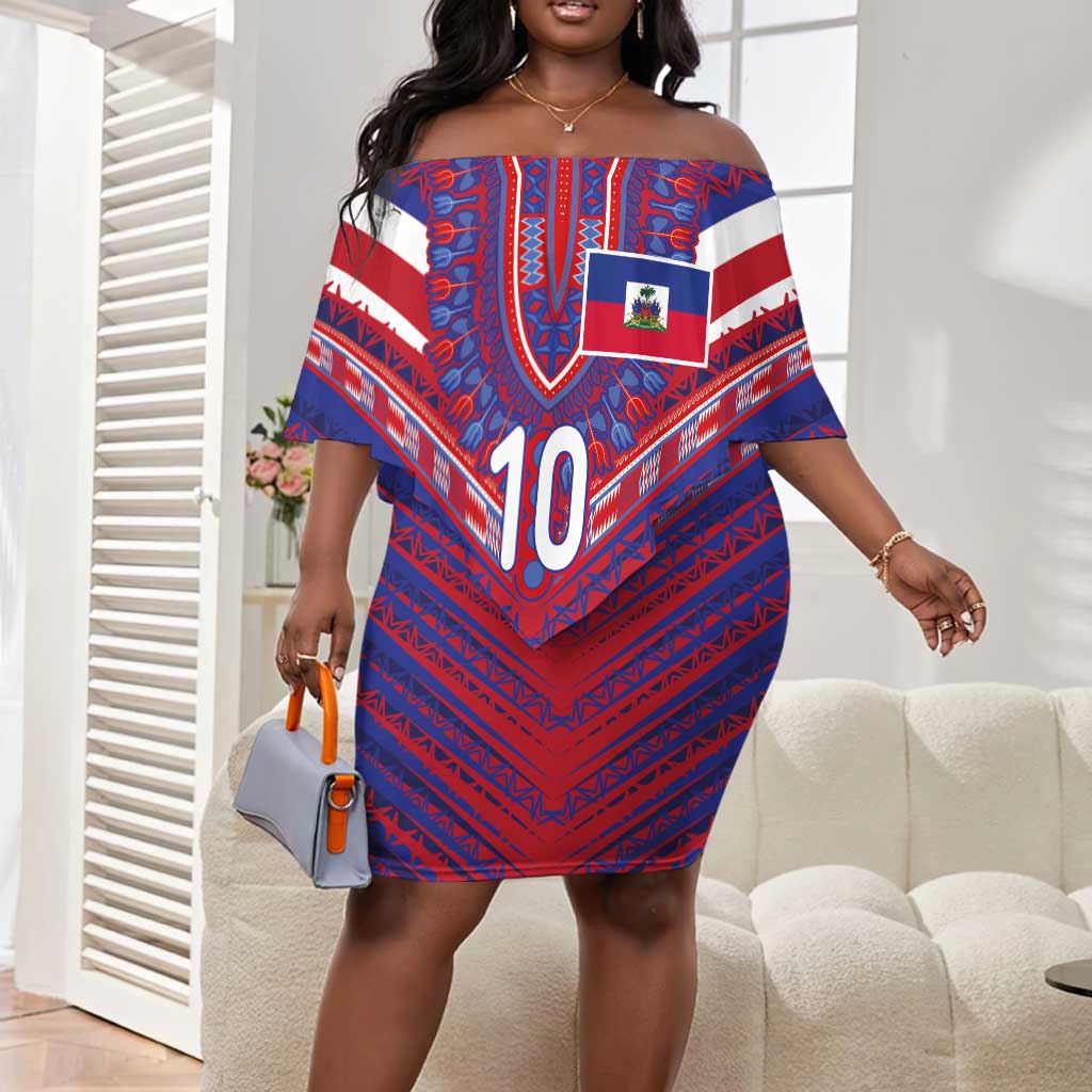 Custom Haiti National Football Off Shoulder Short Dress Dashiki Sporty Style - African Pride