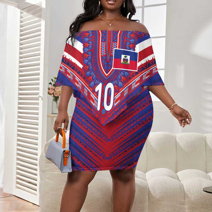 Custom Haiti National Football Off Shoulder Short Dress Dashiki Sporty Style - African Pride