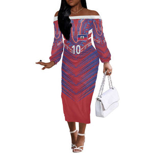 Custom Haiti National Football Off The Shoulder Long Sleeve Dress Dashiki Sporty Style - African Pride