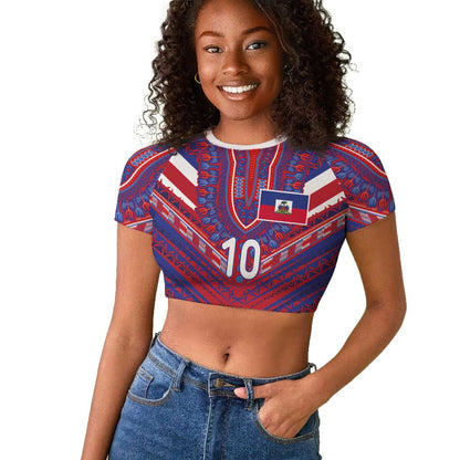 Custom Haiti National Football Raglan Cropped T shirt Dashiki Sporty Style - African Pride