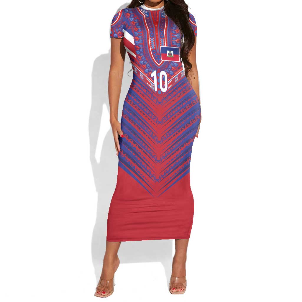 Custom Haiti National Football Short Sleeve Bodycon Dress Dashiki Sporty Style - African Pride