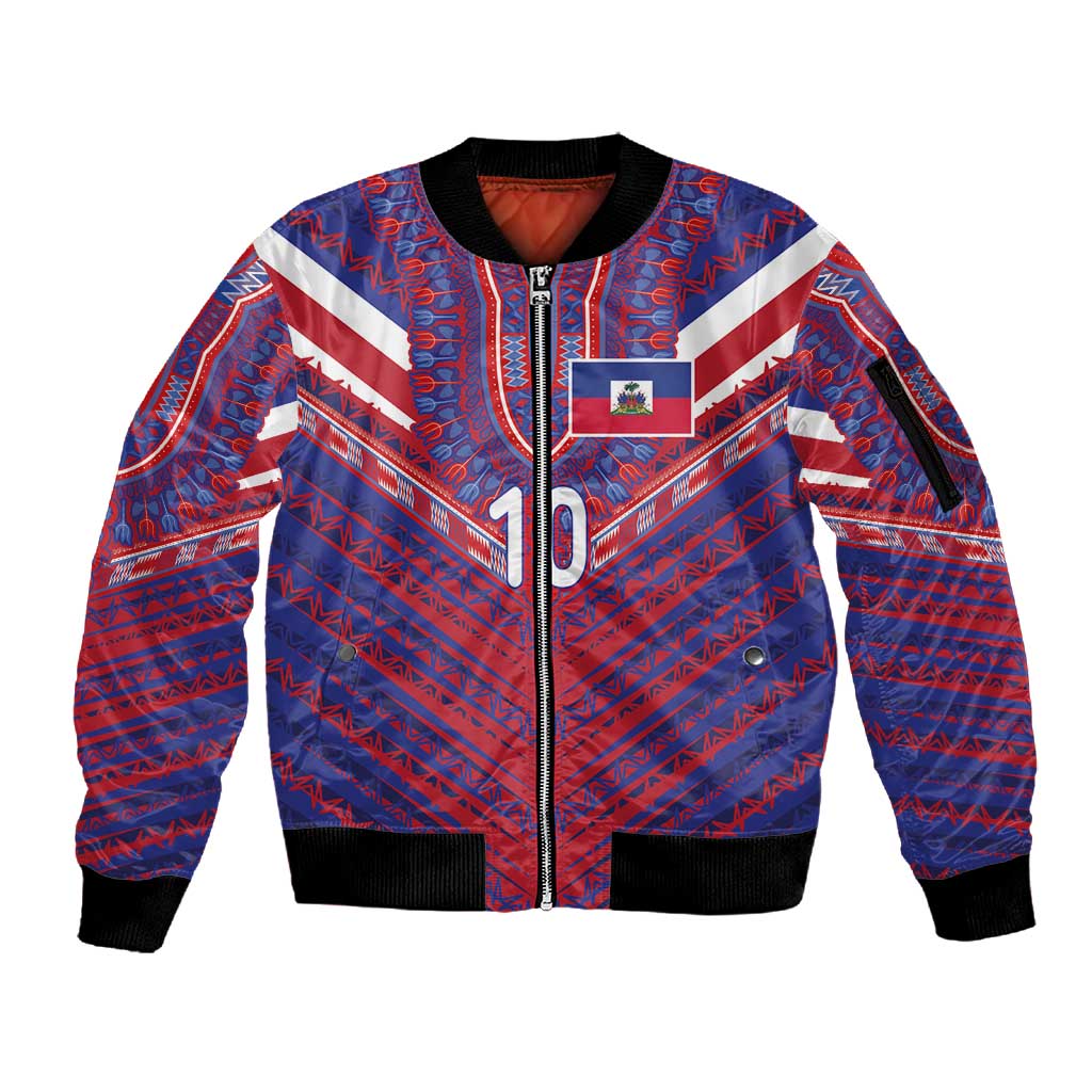 Custom Haiti National Football Sleeve Zip Bomber Jacket Dashiki Sporty Style - African Pride