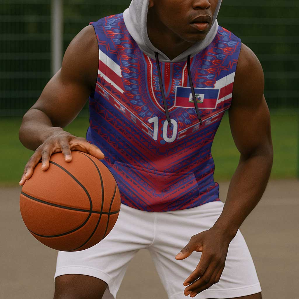 Custom Haiti National Football Sleeveless Hoodie Dashiki Sporty Style - African Pride